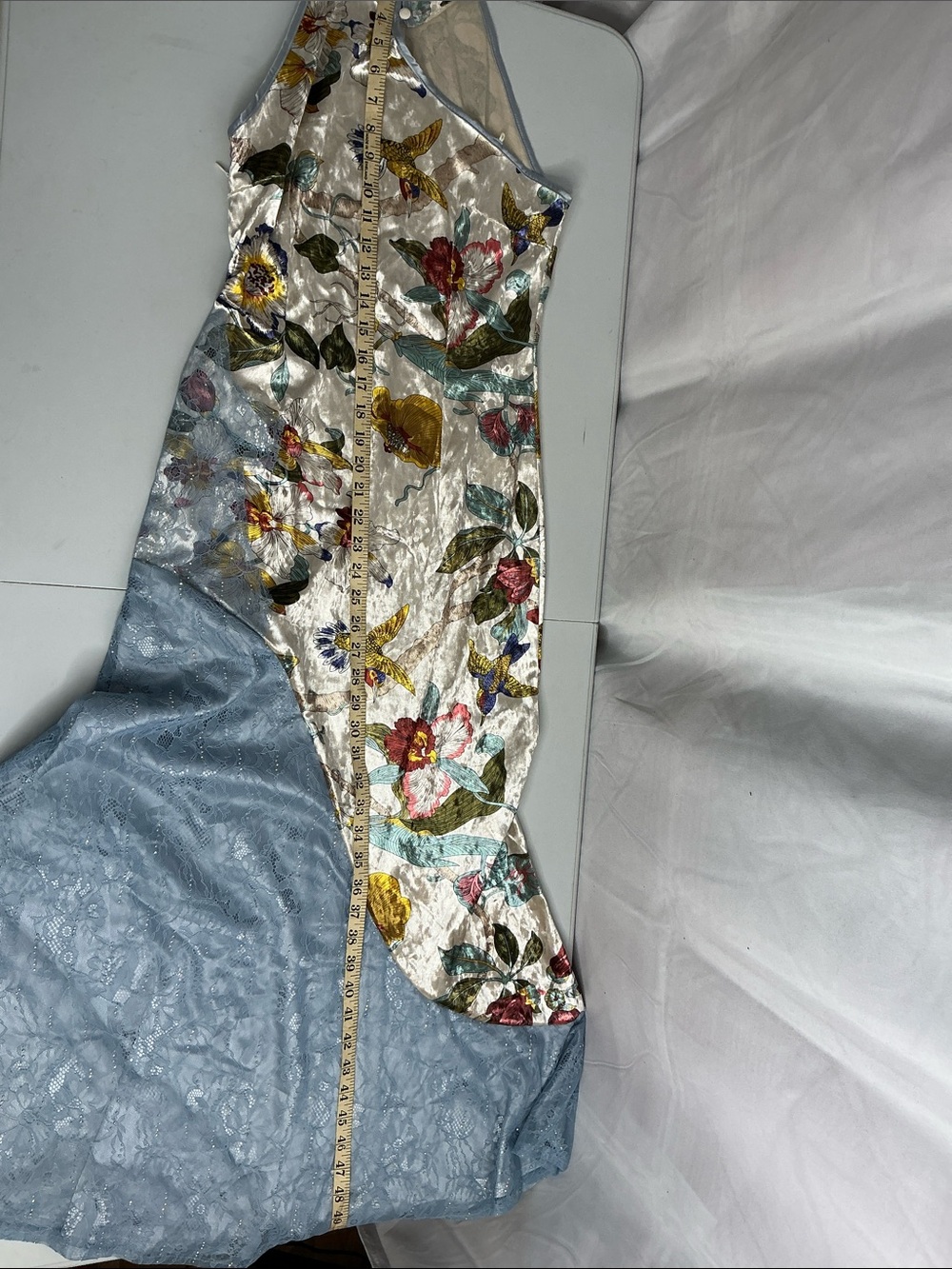 2067 - One-Shoulder Blue & Floral Bias Maxi Dress - Picture 10 of 10